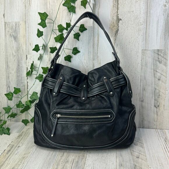 Cole Haan Black Leather Pebbled Satchel Handbag Metallic Trim Large Bag Purse - Picture 2 of 8